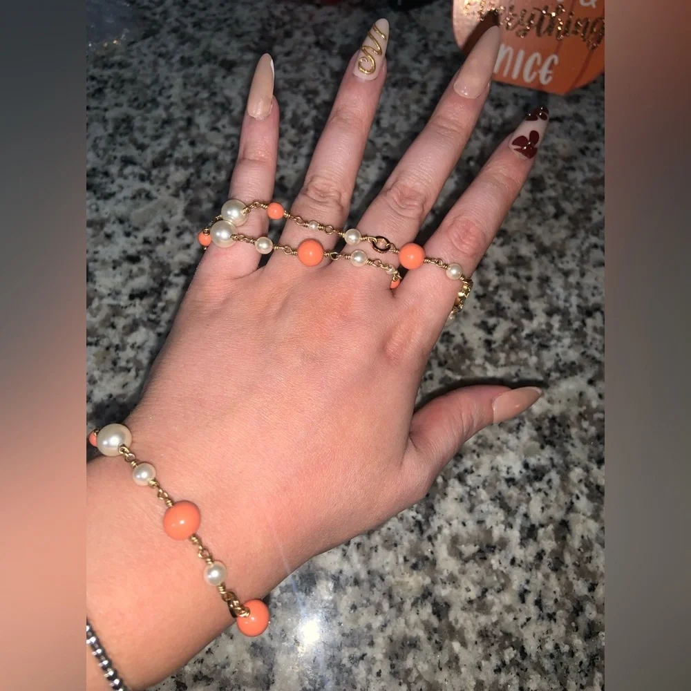 Tory Burch Faux Pearl & Resin Evie Logo good orange Convertible  Necklace $258